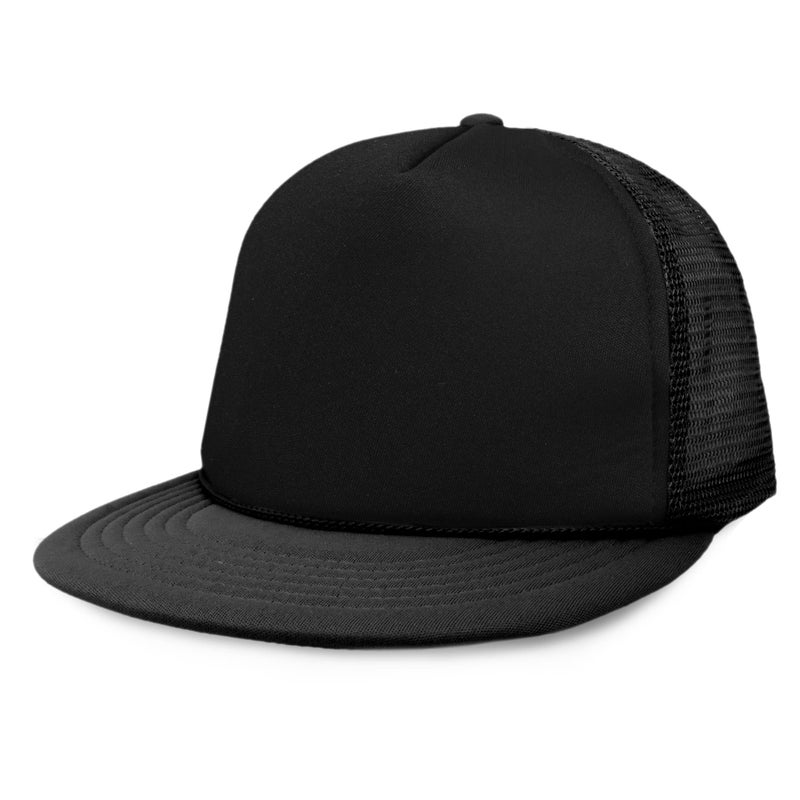 DALIX Flat Billed Trucker Cap with Mesh Back in Black - Image 1